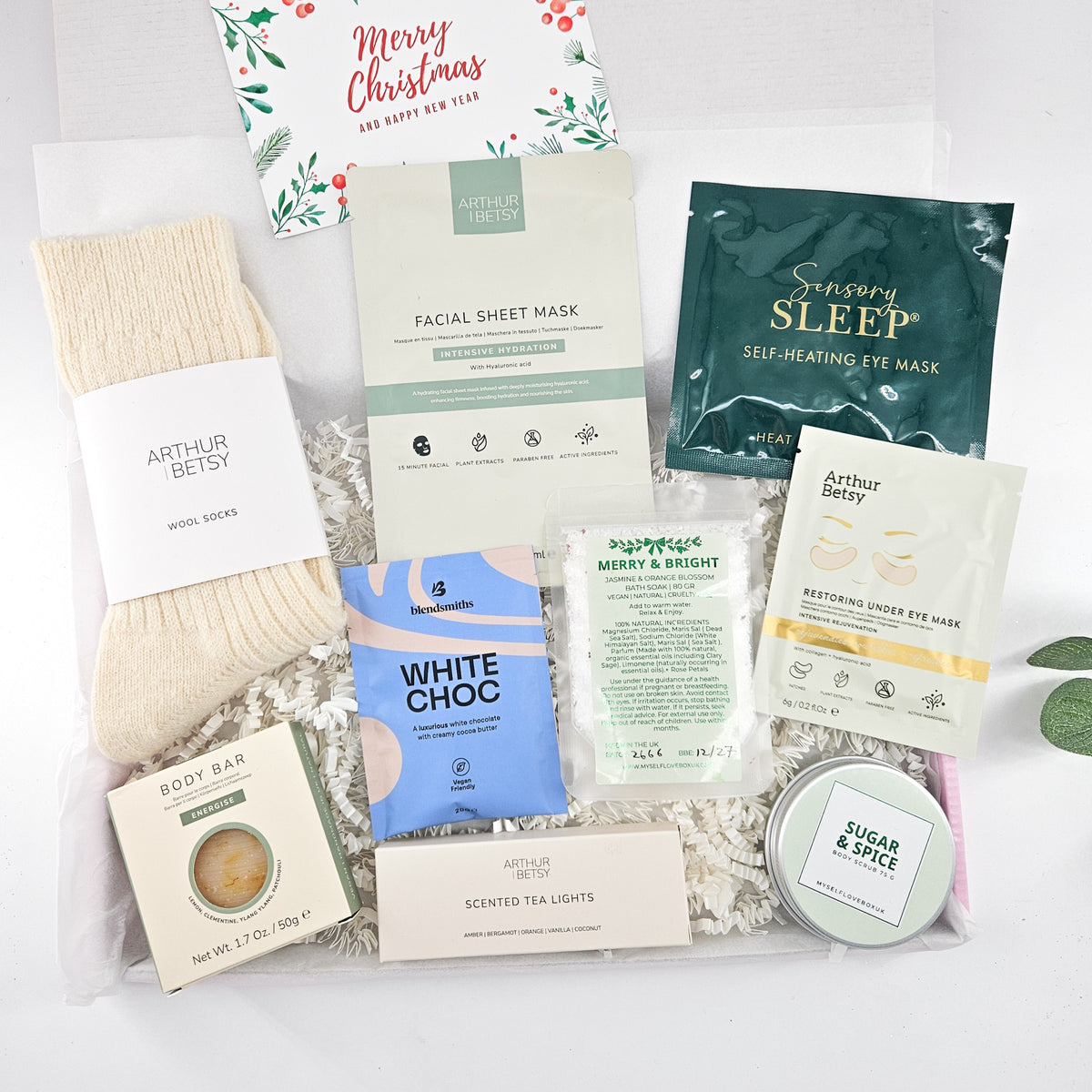 
Christmas Wellness Box with Arthur Betsy wool socks, skincare masks, Sensory Sleep eye mask, bath soak, chocolate and relaxing self-care treats