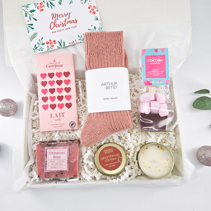 Cosy Christmas pamper gift box for her with pink wool socks, Belgian chocolate, hot chocolate, handmade soap and gingerbread candle