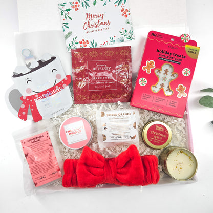 Festive Beauty Edit Christmas skincare gift box with SpaLife hot chocolate face mask, gingerbread pimple patches, bath treats and red spa headband