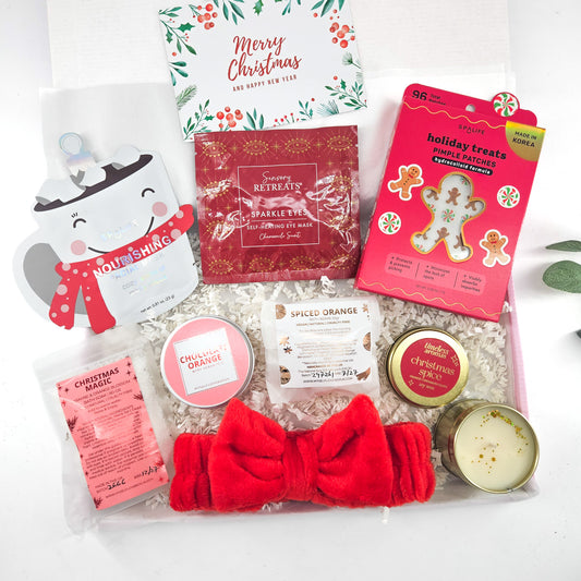 Festive Beauty Edit Christmas skincare gift box with SpaLife hot chocolate face mask, gingerbread pimple patches, bath treats and red spa headband