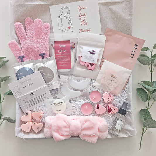 pink mum to be gift set and mum to be pamper hamper presents to send
